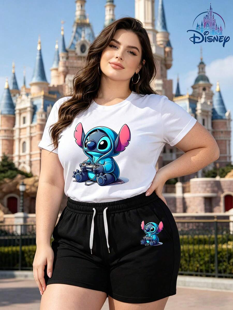 Disney Official Licensed | Lilo & Stitch Stitch Gaming Controller Print Women's Casual Short Sleeve T-Shirt & Shorts Set -  Gamer Style, Soft Breathable Fabric, Crew Neck, Ideal For Vacation, Travel & Daily Casual Wear - trắng - Xem 1