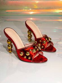 Sandalias negras sin cordones, con tachuelas de moda, sandalias negras sencillas pero elegantes, adecuadas para eventos formales, fiestas, trabajo y vacaciones - Rojo - Ver 3