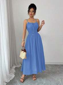 Vestido cómodo de verano y primavera de fibra de lino color café con lazo frontal y cintura con lazada, estilo casual y fluido - Azul - Ver 8