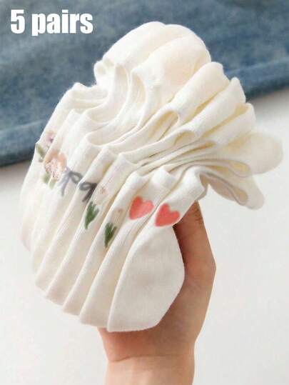 5 đôi tất cổ ngắn nữ dễ thương với họa tiết trái tim, hoa và nơ, chất liệu thoải mái, phong cách Ins, phù hợp cho mặc hàng ngày, ngoài trời và trong nhà, kiểu dáng tối giản và vui nhộn, rất thích hợp làm quà tặng và chụp ảnh.