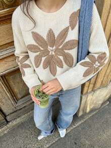 Women's Elegant Crew Neck Colorblock Floral Embroidery Knit Sweater, Suitable For Daily Commute, Casual And Holiday Wear, Autumn/Winter White - White - View 7