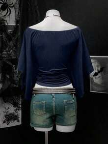Women's Solid Color Ruched Off Shoulder Cinched Waist Retro Sexy T-Shirt - Royal Blue - View 2