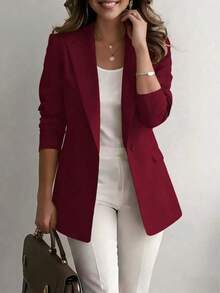Chaqueta de blazer de unicolor con solapa para mujer, de manga larga con botones y bolsillos, adecuada para otoño, invierno y primavera.Chaqueta de oficina de manga larga, prenda exterior versátil para negocios y hogar, apta para otoño, invierno y primavera - Burdeos - Ver 2