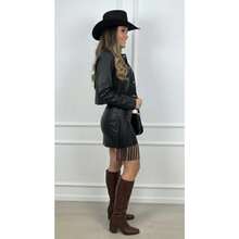 Women's Faux Leather Set With Fringe – Cropped Jacket + Fringe Skirt, Country Chic Fashion, Blogger Style - màu đen - Xem 5