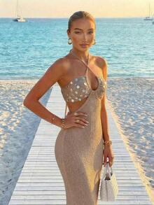Vestido de mujer minimalista y elegante de cuello halter, estilo casual y chic, para primavera/verano y vacaciones en la playa - Camello - Ver 2