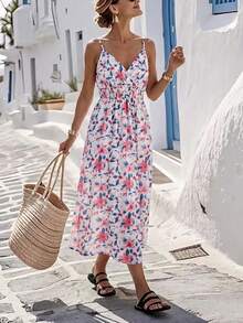 Women's Casual Ditsy Floral Dress, All-Over Flower Pattern Bohemian Criss-Cross Beach Vacation Dress Elegant - Multicolor - View 1