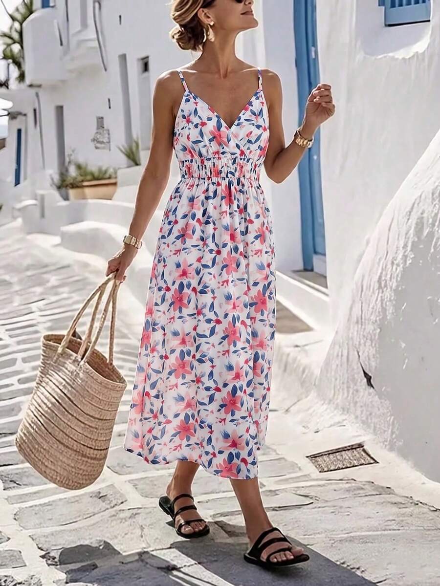 Women's Casual Ditsy Floral Dress, All-Over Flower Pattern Bohemian Criss-Cross Beach Vacation Dress Elegant - Multicolor - View 1