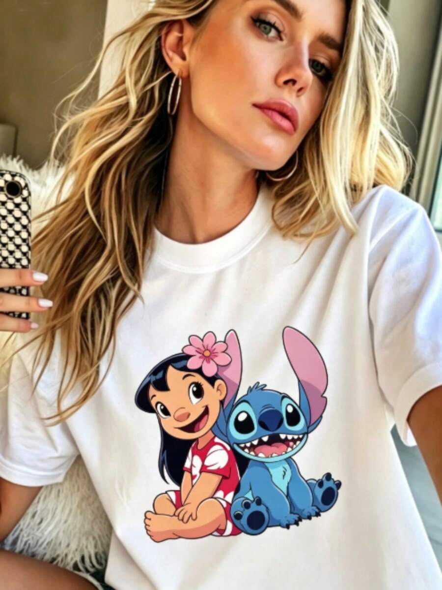Disney Summer Women's Clothing Casual Cotton Short Sleeve Crew Neck T-Shirt, Featuring Classic Characters Lilo Pelekai And Stitch, Suitable As A Souvenir For Visiting Disneyland And Traveling. - trắng - Xem 1