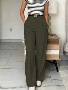Pantalones anchos de cintura alta y ajuste delgado en morado-rojo, estilo callejero bohemio, adecuados para uso casual, ir al trabajo y vacaciones en primavera/verano - verde militar 2 - Ver 4