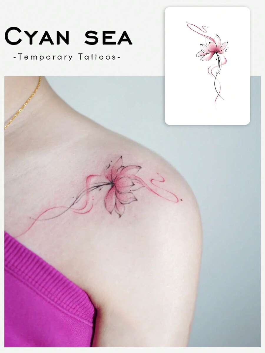 1 Tattoo Sticker, Chinese-Style Pink Lotus Line, Temporary Tattoo Sticker, Washable, PVC, Disposable, Waterproof And Sweatproof For Arms, Waist, Abdomen, Back, Legs, Non-Reflective, Realistic Tattoo, Suitable For People, Daily Use, Lasts 3-5 Days - Multicolor - View 1