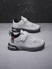 Kids' Gray Letter Pattern Splice Sneakers, Hook And Loop Design For Easy On/Off, Knitted Breathable Soft Sole Protective Casual Running Shoes For Boys And Girls - Grey - View 10