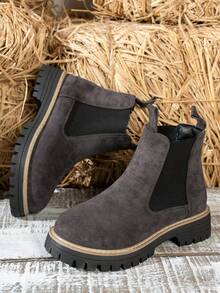 Women's Suede Chelsea Boots, Elastic Side Slip On Ankle Boots, Chunky Platform Non-Slip Casual Booties - Grey - View 5