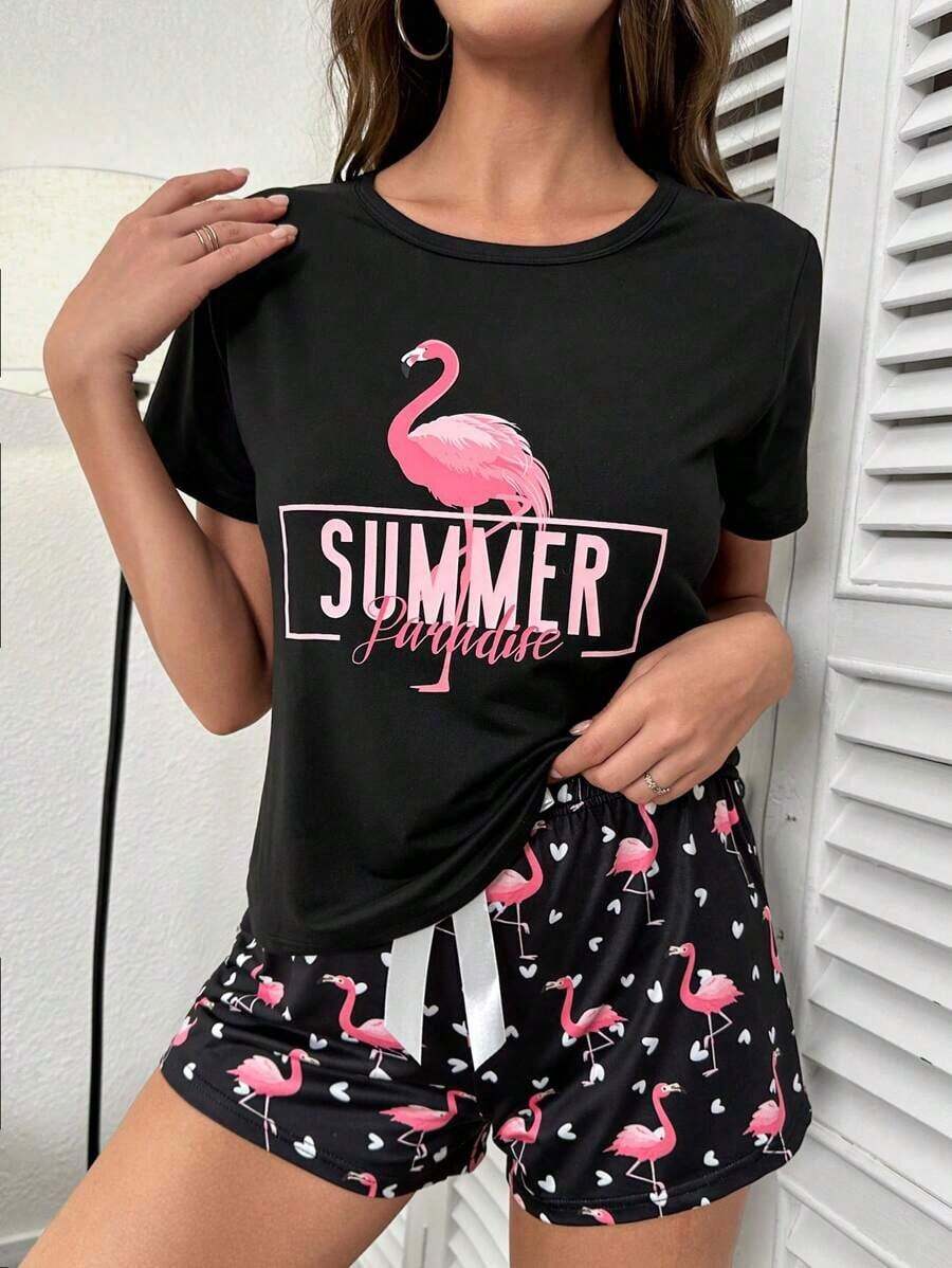 Conjunto de pijama con camiseta y pantalones cortos con gráfico de flamenco y letra - Negro - Ver 1