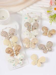 8pcs Random Light Khaki Glitter Fabric Butterfly Hair Clips, Shiny Gold Powder Wing Hair Accessories, Cute Girls Versatile Daily & Party Hair Decor - Multicolor - View 4