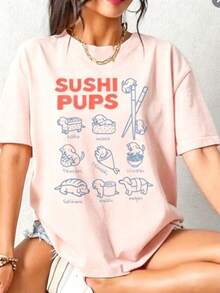 Sushi Pups Tshirt, Funny Dachshund Shirt, Japanese Cuisine Tshirt, Foodie Fift For Weiner Dog Mom, Gift For Her-Cozy Summer Essential & Casual Chic - 淺粉色 - 查看 8