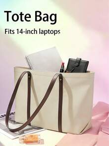 Floless Bolso de mano para mujer, maletín de negocios para portátil de mujer, bolso de hombro con compartimento para portátil de 14 pulgadas, bolso de mano, bolso de tela grande con capacidad, bolso de hombro con cremallera de gran capacidad para mujer, bolso de mensajero para compras, trabajo y viajes, bolso de trabajo llamativo para mujer, regalo para mujer - Caqui claro - Ver 7