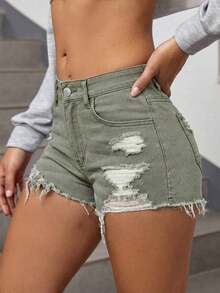 Ripped Raw Trim Denim Shorts Y2k - 綠色 - 查看 2
