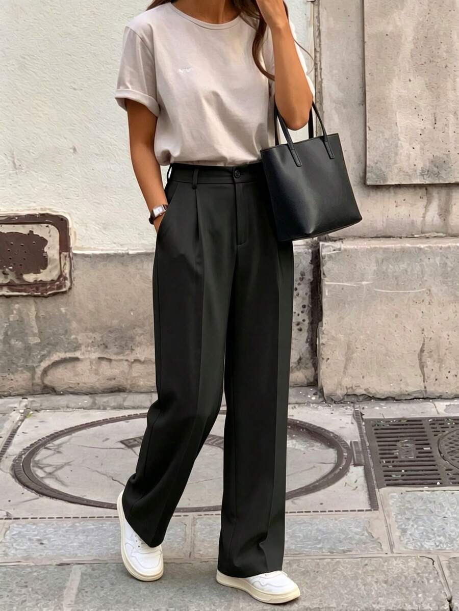 女士高腰修身阔腿裤，波西米亚街头风，适合春夏休闲、通勤穿着（不含腰带）黑色 - 黑色 - 查看 1