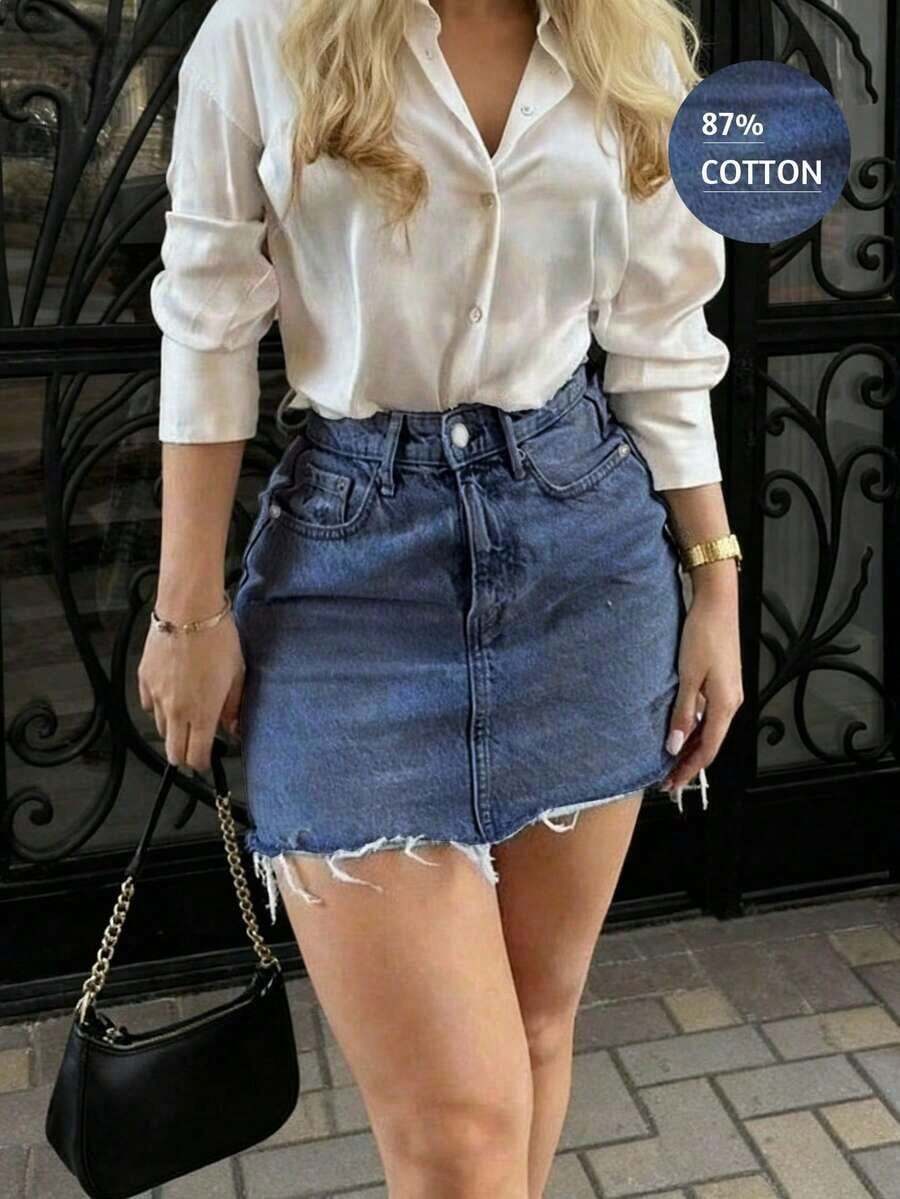 Minifalda de mezclilla con dobladillo deshilachado estilo retro Y2K, falda ajustado ajustada de cintura alta con forma de corazón, diseño de verano, vestido de verano para mujer, ropa de verano para mujer, falda de mezclilla, ropa casual - Azul lavado oscuro - Ver 1