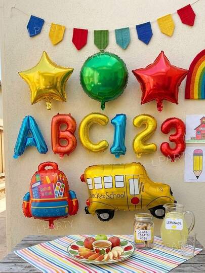 11pcs/Set Back To School Theme Balloon Set, ABC123 Letter & Number Foil Balloons, School Bus Foil Balloons, Backpack Foil Balloons, Multi-Color Star/Round Foil Balloons, Back To School Party Decor, Atmosphere Photo Props