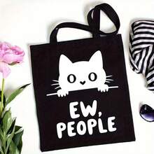 Funny Sarcastic EW, PEOPLE Bag - Open Top Beige/White Tote With Black Cat Peeking - Machine Washable Everyday Shoulder Bag For Women & Men, Lightweight Grocery Or Travel Bag With Minimalist Graphic Design, Casual Carryall, Playful Accessory, Sturdy Construction, Versatile Carryall, Urban Commuters - màu đen - Xem 2