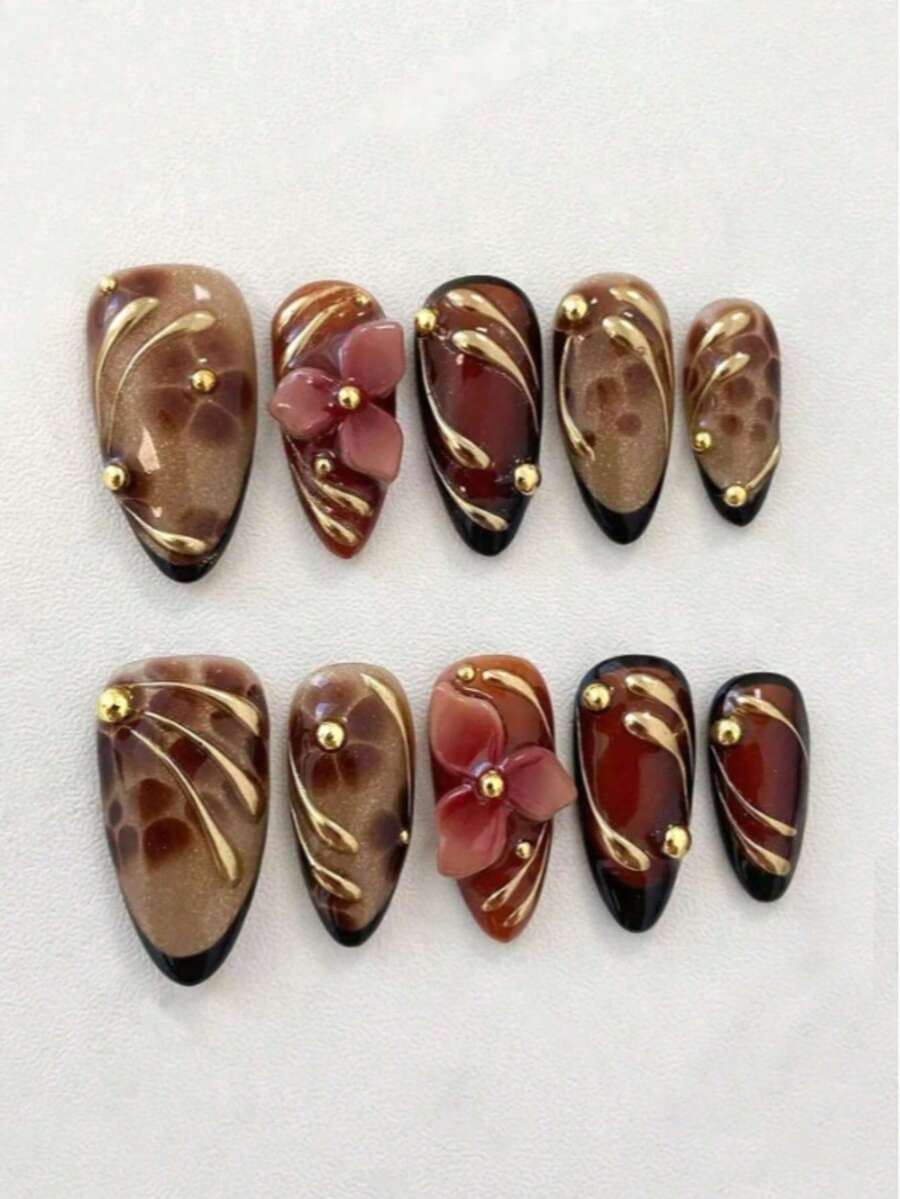 10片金属金色印花美甲贴纸，杏仁棕色豹纹法式3D雕刻红棕色花卉图案，Y2K风格手工美甲，简约百搭，适合日常佩戴，美甲贴纸，假指甲，美甲用品 - 彩色 - 查看 1