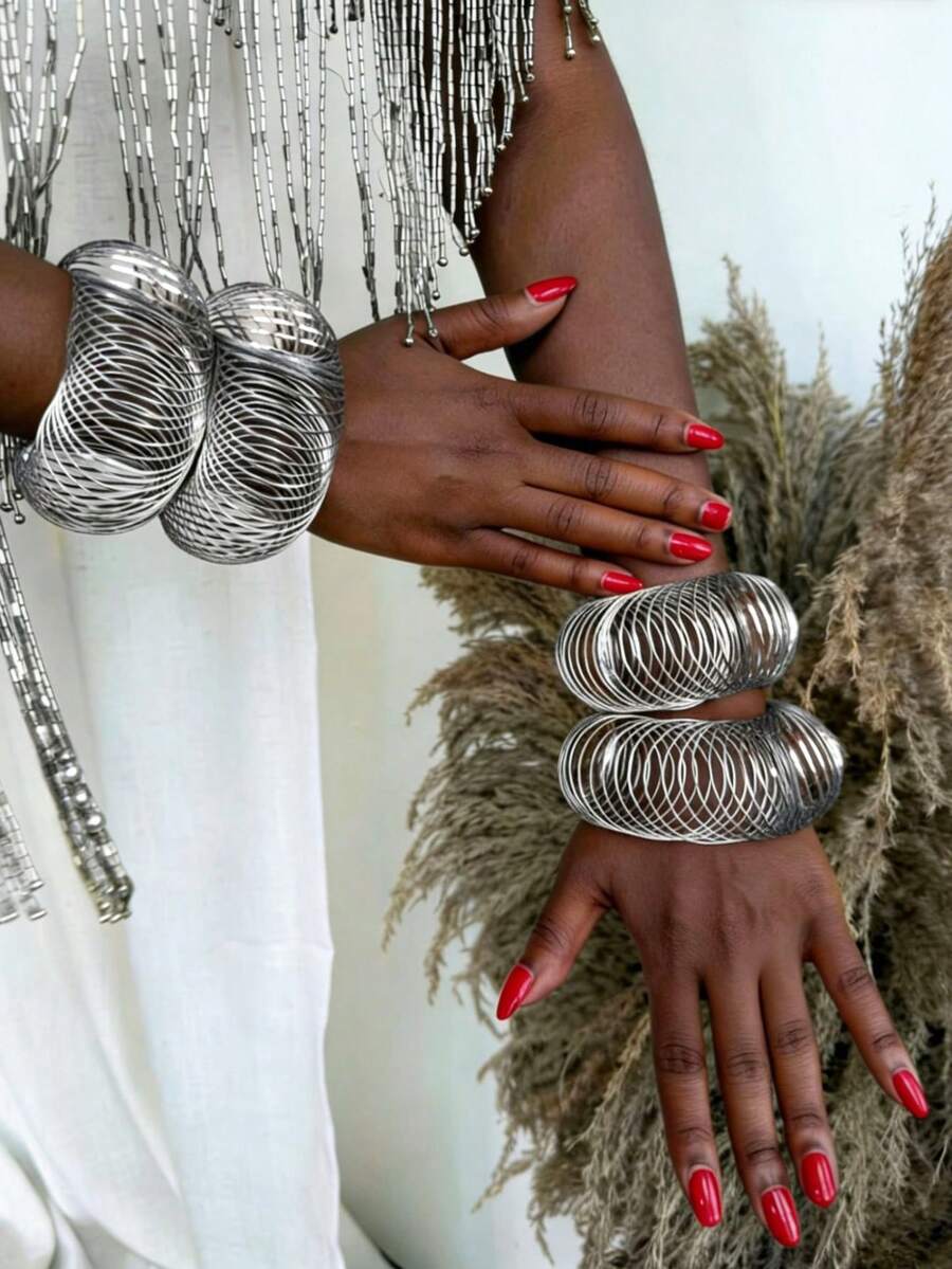 1pc Fashionable Coil Expandable Multi-Layer Memory Bracelet, Hollow Metal Layered Bracelet, Unique Design Party Accessory - Silver - View 1
