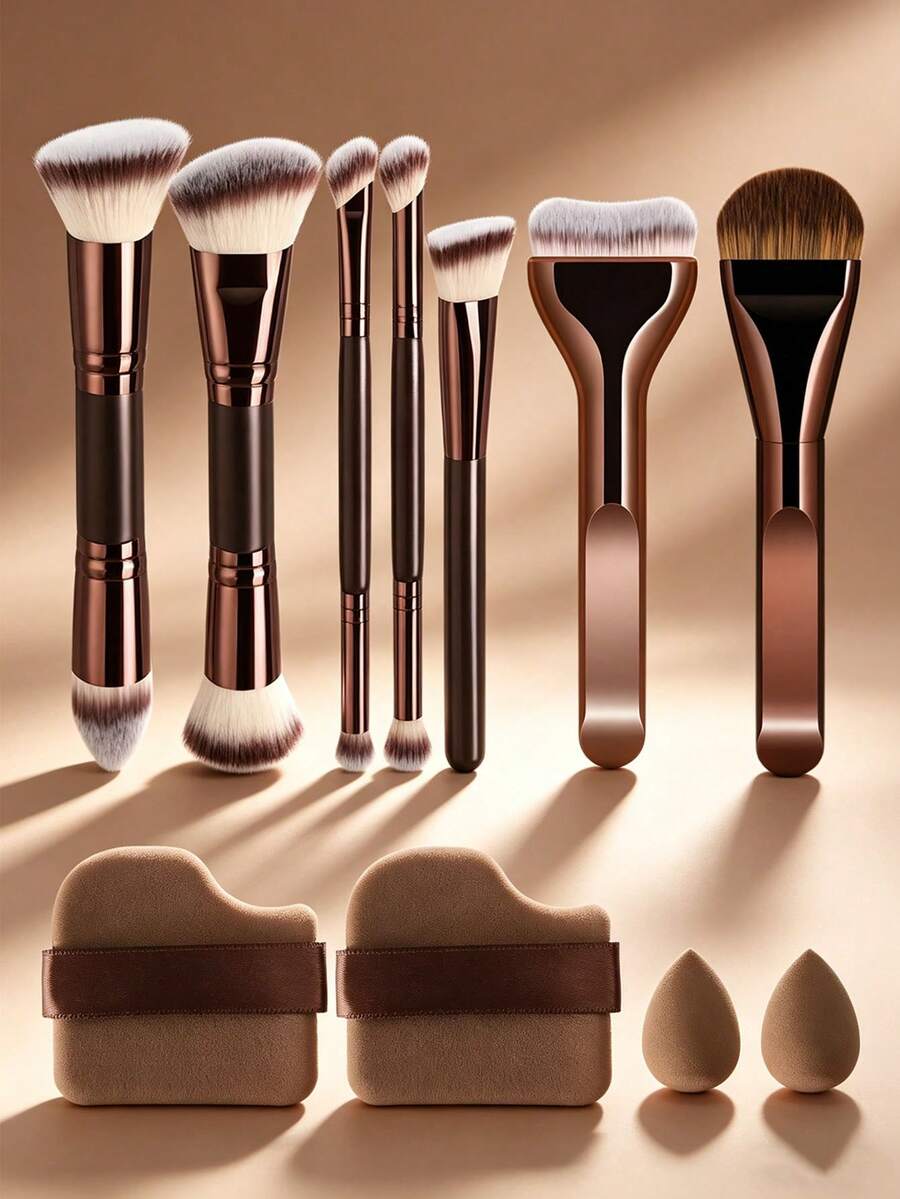Bộ cọ trang điểm hai đầu 11 món, bao gồm cọ phấn phủ, cọ má hồng, cọ highlight, cọ phấn mắt, cọ chuốt mi, cọ kẻ mắt, được làm từ sợi tổng hợp chất lượng cao. Bộ sản phẩm cũng bao gồm nhiều loại cọ trang điểm hàng ngày, bông mút trang điểm tròn, bông phấn vuông. Bộ dụng cụ trang điểm hoàn chỉnh, bộ cọ trang điểm đầy đủ, bộ quà tặng trang điểm, quà tặng kèm, cọ trang điểm chuyên nghiệp, bộ trang điểm hoàn chỉnh. - màu nâu - Xem 1