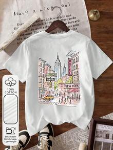 Women's Vacation Street 100% Cotton Watercolor New York City Graphic Crew Neck Short Sleeves Casual Minimalism Summer Women's White Tops T-Shirts - White - View 2