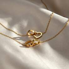 Personalized Engraved Double Button Heart Necklace, Bracelet, Custom Name Double Heart Bracelet, Necklace For Women, Valentine's Day Gift Necklace Bracelet Set, Mother's Day Gift, Summer Jewelry, Fashionable Stainless Steel Jewelry, Custom Name Date Necklace Bracelet For Mothers, Grandmothers - Gold - View 2