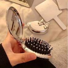 1pc Foldable Bowknot Mini Air Cushion Hair Brush With Mirror, Silver/Pink Bowknot Options, Portable 2-In-1 Hair Comb And Makeup Mirror, Fashionable And Cute Accessory, Exquisite Holiday Gift - Multicolor - View 8