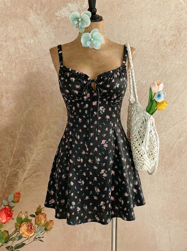 Temptaria Women's Summer Ditsy Floral Backless Elastic Camisole Mini Dress, Suitable For Daily Wear, Beach Vacation, And Photography Black Elegant