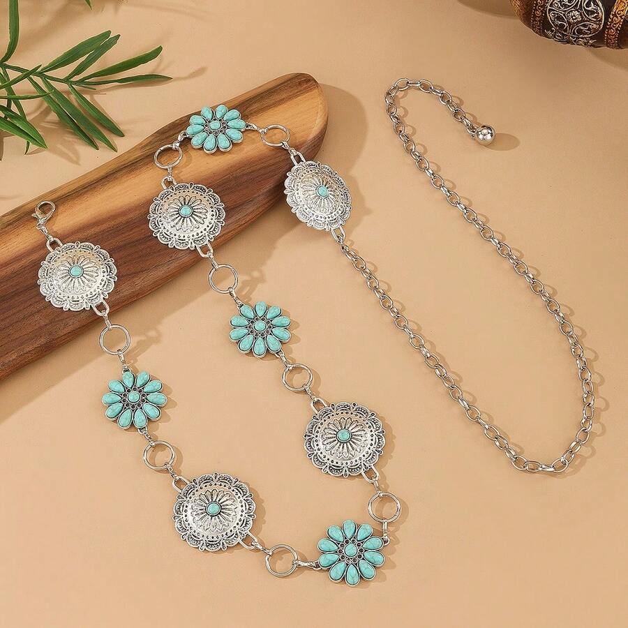 Bohemian Style Turquoise Waist Chain, Versatile Waist Belt For Dresses, Suits, Sweaters - Antique Silver Green - View 1