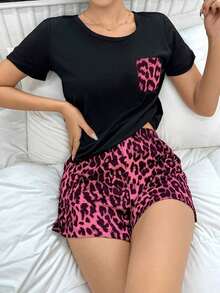 Conjunto de pijama con cuello redondo y manga corta con estampado de leopardo - Multicolor - Ver 1