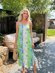 Vestido casual de escote en V, vestido suelto con tirantes de dopamina al estilo de vacaciones en la playa, vestido con abertura lateral elegante para el verano en la - Verde Pastel - Ver 5