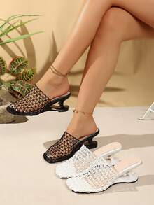 Mules de tacón asimétrico de malla para mujer, sandalias de tacón alto elegantes de unicolor, de estilo bohemio, casuales y sexys con diseño calado para fiestas y verano - Negro - Ver 4