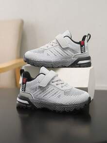 Kids' Gray Letter Pattern Splice Sneakers, Hook And Loop Design For Easy On/Off, Knitted Breathable Soft Sole Protective Casual Running Shoes For Boys And Girls - Grey - View 11