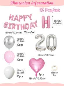 13/50/52件組女性粉色生日裝飾套裝－生日快樂橫幅＋愛心形鋁箔氣球＋粉色、白色與金屬銀加厚乳膠氣球，適用於生日派對、成人生日、15-30歲、40歲生日裝飾、拍照背景裝飾 - 彩色 - 查看 27