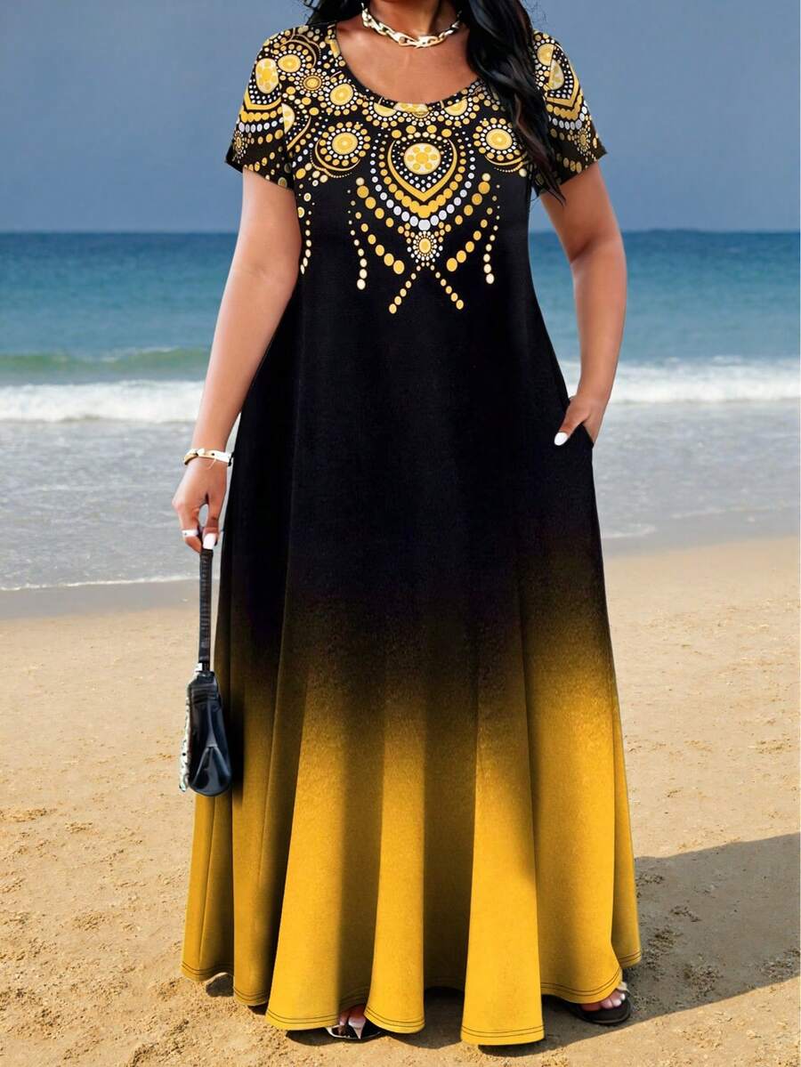 Plus Size Women's Fashion Gradient Print Casual Dress With Pockets Elegant Summer - Gold - View 1