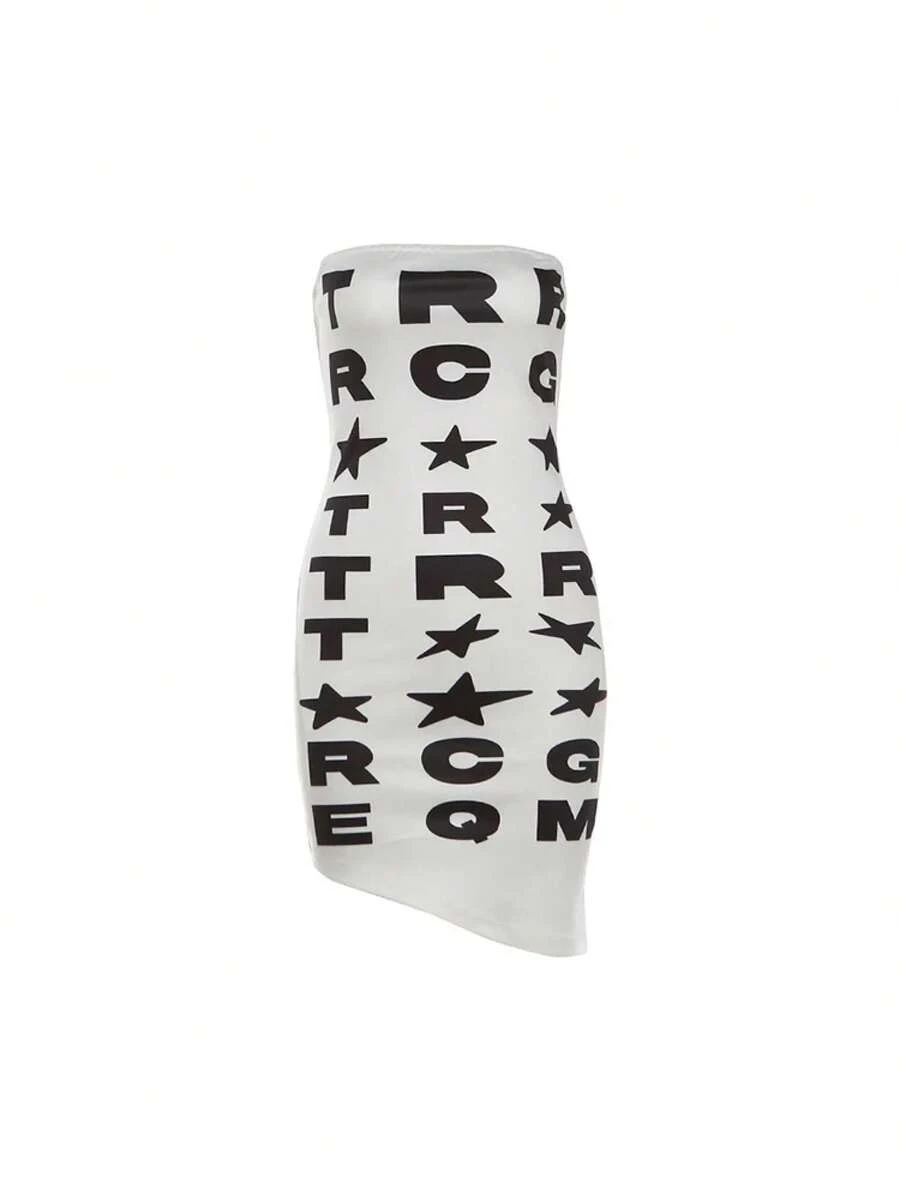 Kliou Vestido Mini Sexy sin Tirantes para Mujer, con Estampado de Letras, Escote Cruzado, Sin Espalda, Ajustado, con Efecto Push-Up en la Cadera, Estilo Bodycon, Moda Urbana de Verano para Chicas Atractivas - BLANCO - Ver 1