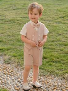 4pcs Boys' Formal Vest, Short Sleeve Shirt, Pants, Bow Tie Suit Set, Summer - Pink - View 2