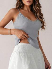 Jennie Growth Women's Grey Lace Trim Ribbed Camisole, Perfect For Spring/Summer Daily Wear, Suitable For Young Women, Vacation, Weekend, Beach Outings, Seaside Strolls, Perfect Choice For Spring/Summer Vacation - Grey - View 3
