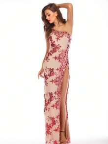 Vestido sensual de lentejuelas un hombro al descubierto espalda abierta para fiestas - Rojo - Ver 3