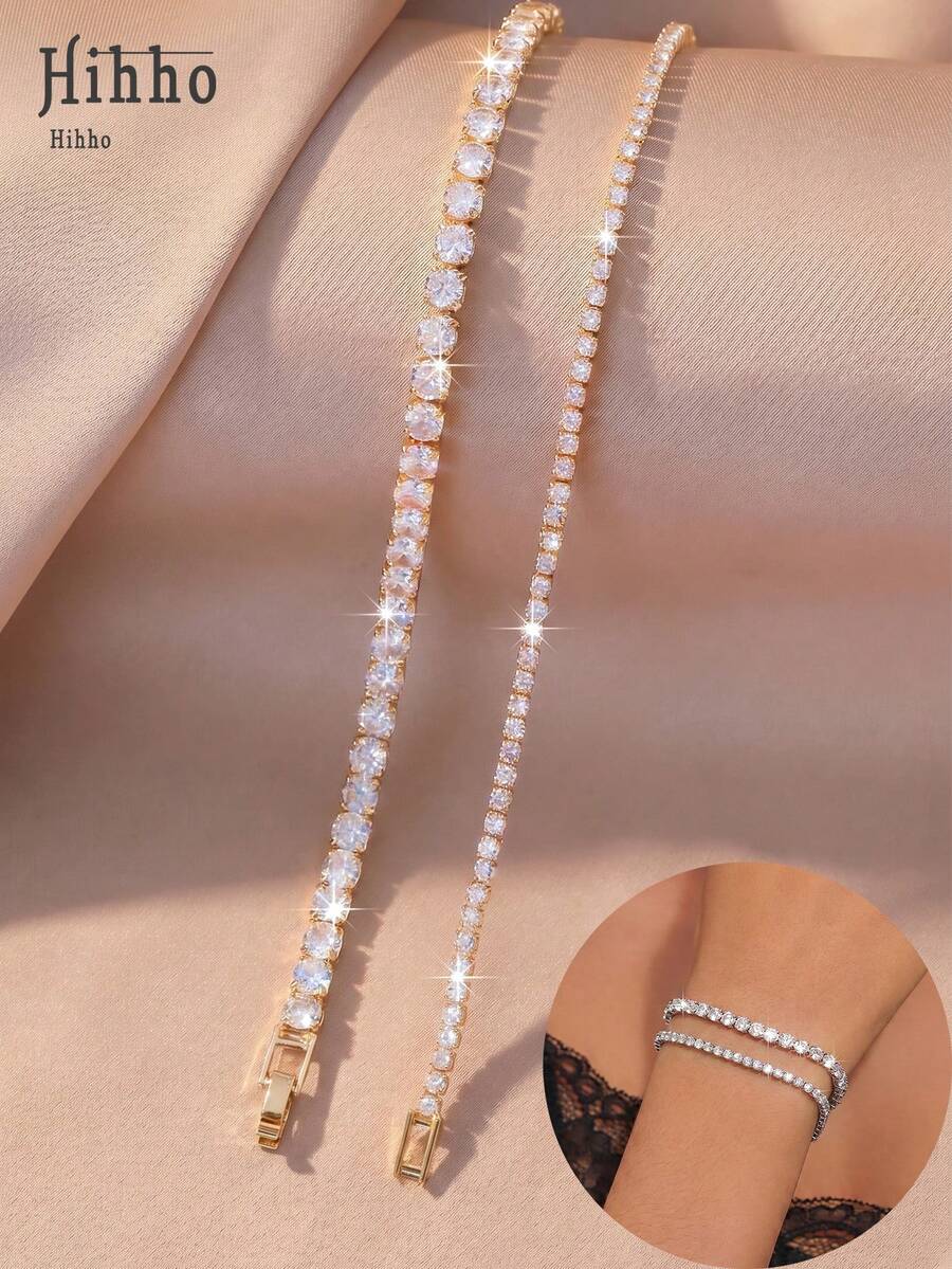 Hihho 2pcs/Set Luxury Delicate Tennis Bracelet Set, Suitable For Daily Wear, Office Commute, Summer Fashion Accessory, Gift For Friends - Bracelet Set - View 1