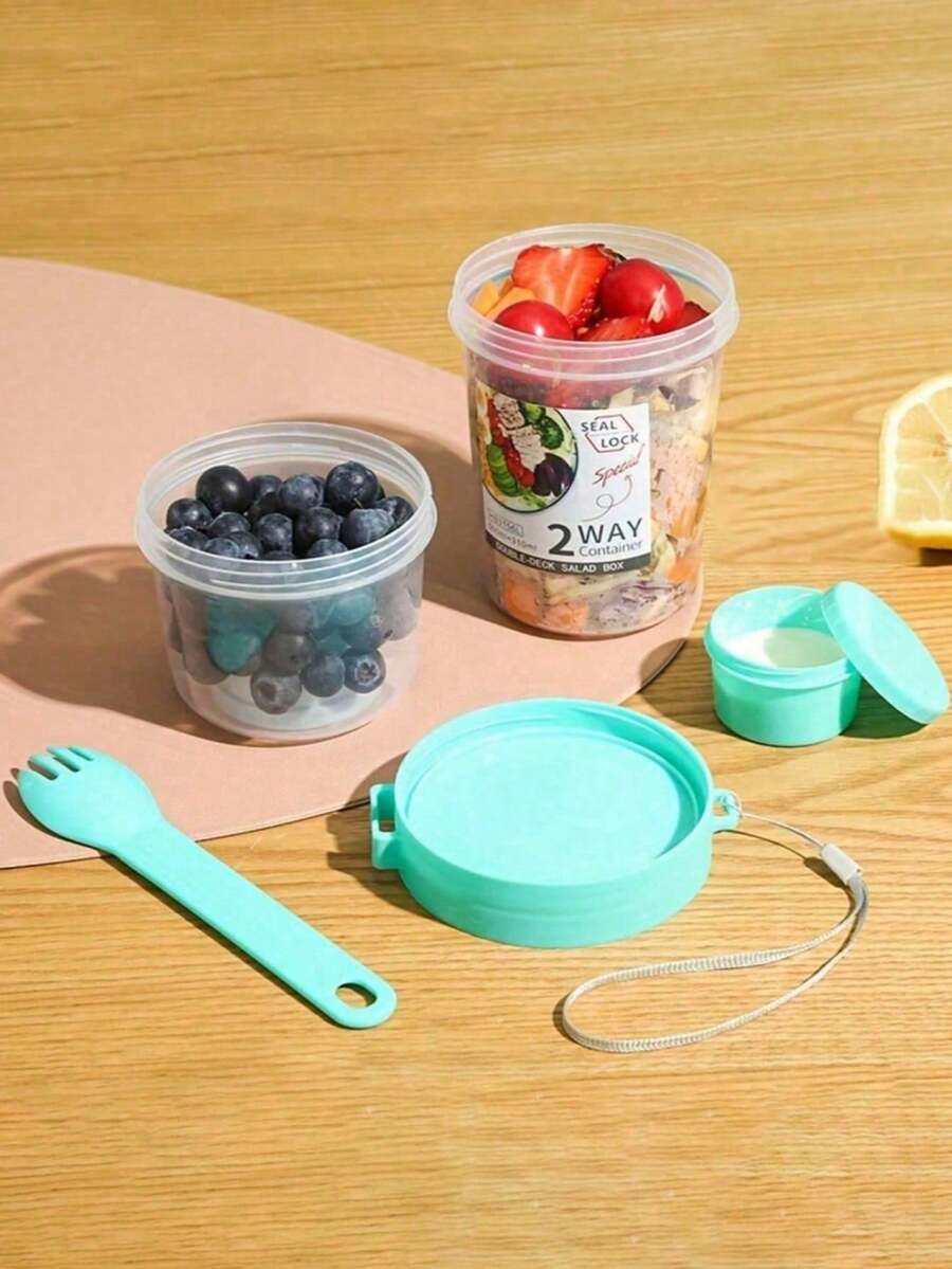 1pc Breakfast Salad Cup, Breakfast Food Container Jar, Portable Fruit & Vegetable Snack Cup With Fork Lid, Yogurt Cup, Diet Cup, Portable Water Cup, Suitable For School, Office, Kitchen, Christmas Gift, Back To School Supplies - Multicolor - View 1