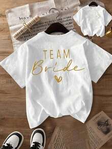Women's Short-Sleeved T-Shirt With Bridal-Themed Decorative Patterns And The Slogan "" In Cursive Lettering, Round Neck, Short Sleeve, Casual Style For Spring/Autumn/Summer, Back-To-School Outfits For Women, Women's Tops, Summer Outfits, Women's Holiday Outfits, Women's Spring Outfits, Tops, Women's Club Outfits, Black Color, 100% Cotton. - 白色 - 查看 6
