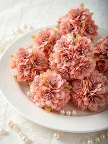 1pc (6 Heads) Mini Artificial Carnation Silk Pom Pom Flower Headpiece Fake Plant Autumn Wedding Candy Box Decoration Vase Home Restaurant Bedroom Decor Holiday Birthday Party Outdoor Garden Decoration - Red Bean Paste Powder - View 6
