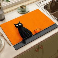 1pc Orange Background Black Cat Print Absorbent Mat/Drying Mat For Coffee Maker, Tableware - Absorbent Polyester Desktop Protective Mat With Rubber Anti-Slip Pad, For Kitchen Counter Decor, Home Bar And Dining Table - Multicolor - View 6