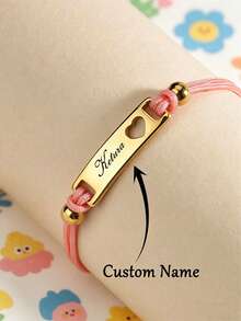 Personalized Colorful Rope Bracelet With Engraved Text, Customized Hollow Moon & Heart Stainless Steel Bracelet, Blue & Pink Braided Rope Bracelet, Birthday Gift, Back To School Gift, Halloween Decor, Halloween Gift, Easter Gift - Heart-shaped - View 2