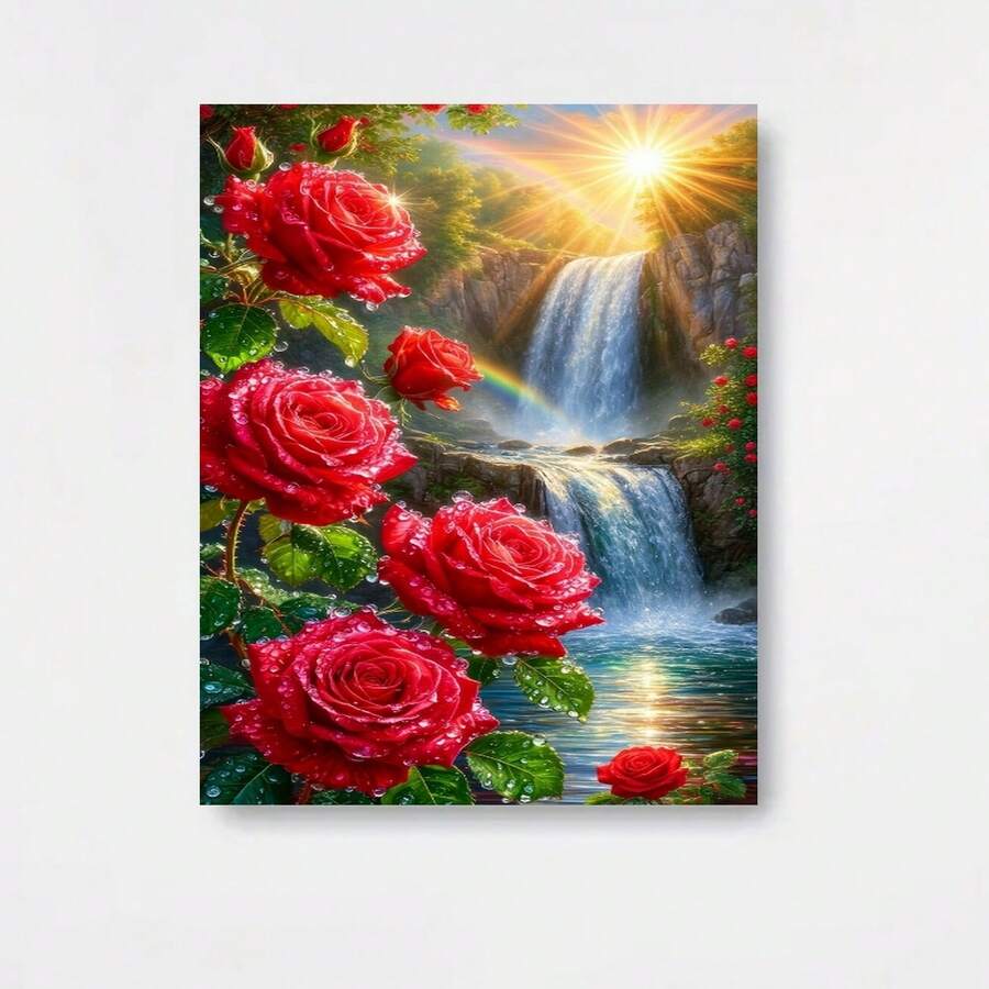 1 pieza de pintura de diamantes 5D DIY de 15.7"x27.6" - Rosa rojas con gotas de lluvia iluminadas por el sol, taladro redondo completo, manualidad de sombreado de color 5D, kit de bordado hecho a mano para colgar en la pared o como centro de mesa - Enmarcado - Ver 1